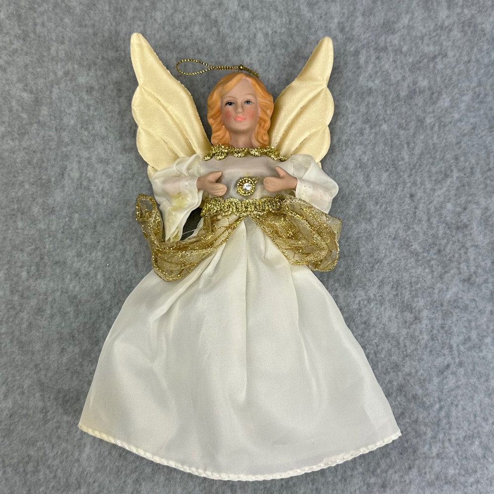 Vintage Angel Tree Topper Ornament Gold Cream Satin Resin Face 8.5 Inch‎
